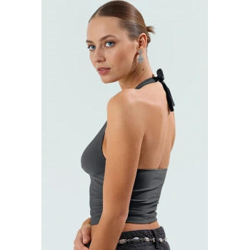 Yazlık Crop Bluz Boyundan Bağlamalı Vücuda Oturan Esnek Örme Premium Kalite Kaliteli İşçilik