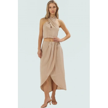 Yazlık Crop Bluz Etek Takım Polyester Pamuk Dokuma Kumaş Profesyonel Görünüm Yüksek Kalite