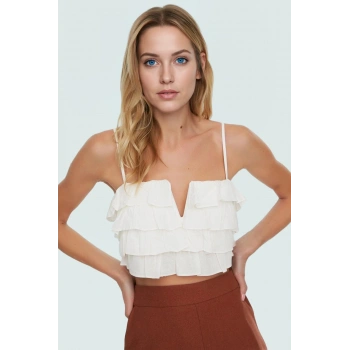 Yazlık Crop Bluz Katlı Fırfır Detay Pamuklu Dokuma Kumaş Plaj ve Günlük Stil Rahat Kullanım