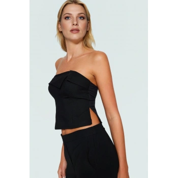 Yazlık Crop Bluz Polyester Dokuma Kare Yaka İnce Askılı Bodycone Yüksek Kalite