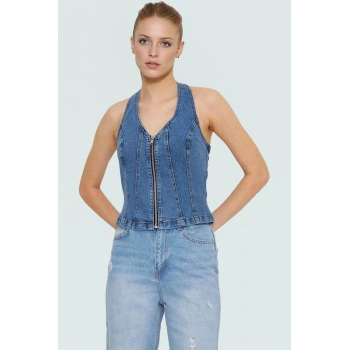 Yazlık Denim Bluz Fitted Halter Yaka Stretch Pamuklu Günlük Şık Görünüm Zarifane Tasarım