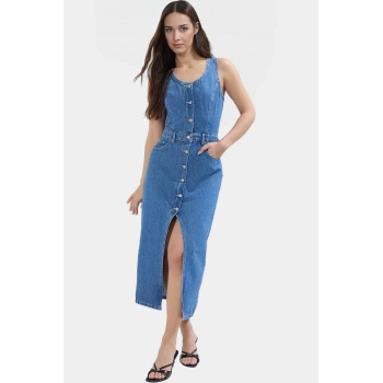 Yazlık Denim Midi Elbise Kolsuz Havuz Yaka Pamuk Casual Özenle Seçilmiş Dayanıklı Malzeme