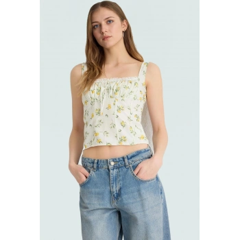 Yazlık Desenli Fitted Crop Bluz Viskoz Dokuma Özenle Seçilmiş Uzun Ömürlü Özel Tasarım