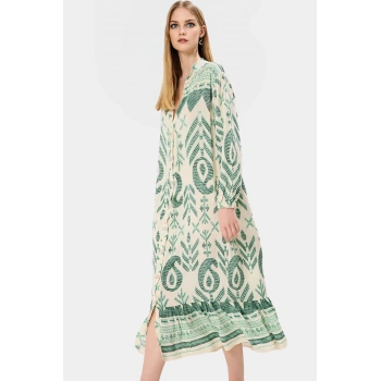 Yazlık Desenli Midi Elbise Shally Dokuma  Polyester Rahat Günlük Premium Kalite