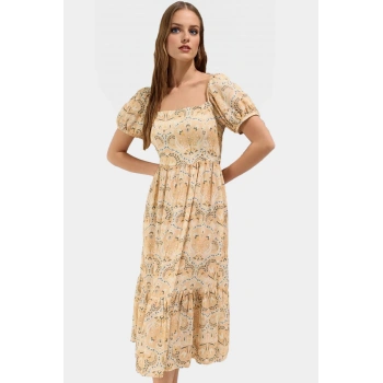 Yazlık Desenli Viskoz Midi Elbise Rahat Günlük Stil Özenle Seçilmiş Ve Şık