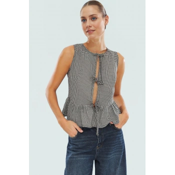 Yazlık Ekose Bluz Bisiklet Yaka Kolsuz Regular Kalıp Dokuma Kumaş Günlük Stil