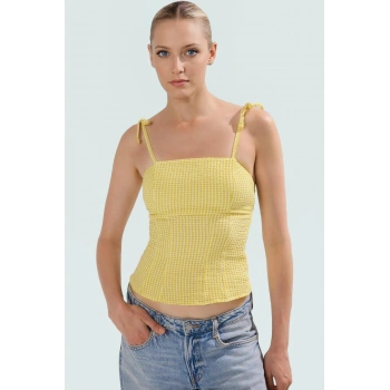 Yazlık Ekose Gofre Dokuma Kolsuz Bluz Rahat Günlük Stil Seçkin Malzeme Premium Kalite