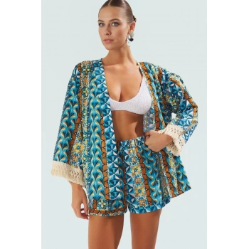 Yazlık Etnik Desenli Pamuklu Kimono Şort Takım Plaj için Rahat Tasarım Modern Stil Özenle Seçilmiş