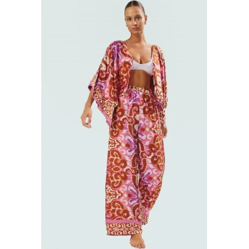 Yazlık Etnik Desenli Viskoz Plaj Takımı Rahat Kesim Bol Pantolon Modern Stil Zarifane Tasarım