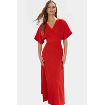 Yazlık Günlük A Kesim Maxi Elbise V Yaka Kısa Kollu Polyester Dokuma Kaliteli İşçilik