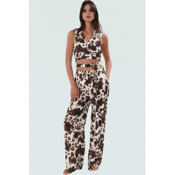 Yazlık İnek Desenli Viskoz Bluz Pantolon Takım Rahat Plaj Şıklığı Mükemmel Uyum Kaliteli İşçilik