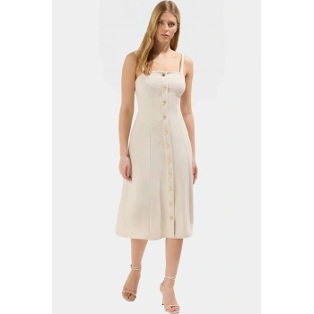 Yazlık Kadın A Kesim Midi Elbise Dokuma Kumaştan Üretilmiş Yüksek Kalite Mükemmel Uyum