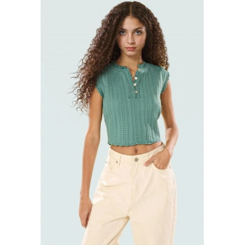 Yazlık Kadın Bisiklet Yaka Ajurlu Crop Bluz Triko İnce Uzun Ömürlü Mükemmel Uyum Rahat Ve Şık