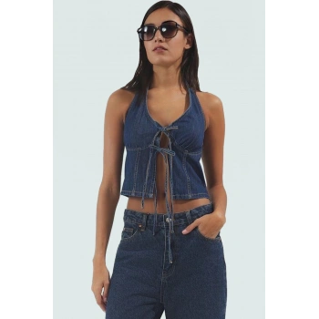 Yazlık Kadın Bluz 100% Pamuk Denim Crop Halter Yaka Bağcıklı Detay Şık Görünüm Konforlu Kesim
