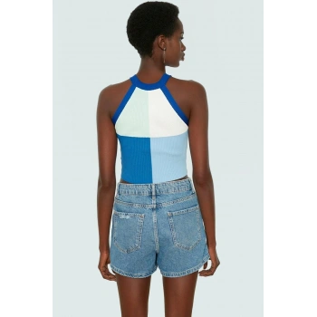 Yazlık Kadın Bluz Renk Bloklu Triko Crop Halter Yaka Rahat Özel Tasarım Uzun Ömürlü
