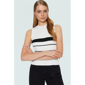 Yazlık Kadın Bluz Triko Kumaş Renk Bloklu Bisiklet Yaka Trend Tasarım Premium Kalite