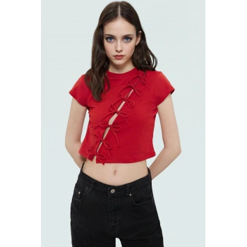 Yazlık Kadın Crop Bluz Fiyonk Detaylı Pamuklu Dayanıklı Malzeme