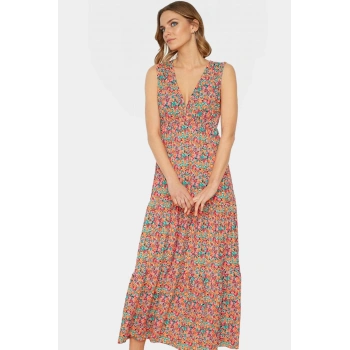 Yazlık Kadın Elbisesi A Line V Yaka Çiçek Desenli Polyester Kaşkorse Uzun Ömürlü