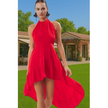 Yazlık Kadın Kısa Bisiklet Yaka Askılı Crinkle Dokuma Plaj Elbisesi Kaliteli İşçilik Konforlu Kesim