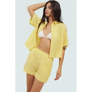 Yazlık Kadın Kısa Kollu Ekose Gömlek Şort Takım Rahat Plaj Kombin Kaliteli İşçilik Özel Tasarım