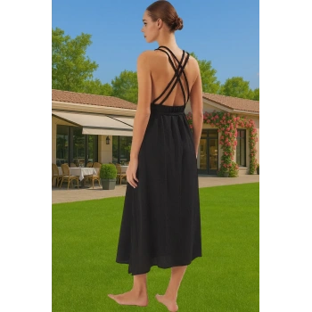 Yazlık Kadın Maxi Elbise Pamuklu Dokuma Crinkle Kumaşlı Bağlamalı Dayanıklı Malzeme Mükemmel Uyum