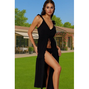 Yazlık Kadın Maxi Elbise V Yaka Kolsuz Dokuma Crinkle Yüksek Kalite Seçkin Malzeme Rahat Ve Şık