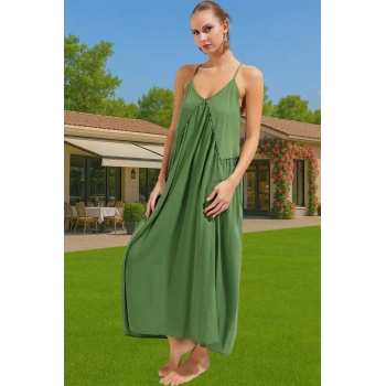 Yazlık Kadın Maxi Plaj Elbisesi V Yaka Dokuma Crinkle Kumaş Mükemmel Uyum Zarifane Tasarım