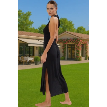 Yazlık Kadın Midi Boy Crinkle Dokuma Sırt Detaylı Plaj Elbisesi Özel Tasarım Mükemmel Uyum