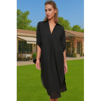 Yazlık Kadın Midi Elbise Pamuklu Poplin Dokuma Şık Plaj Mükemmel Uyum Şık Görünüm Seçkin Malzeme