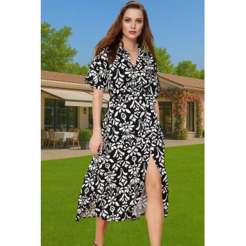 Yazlık Kadın Midi Gömlek Elbise Çiçek Desenli Viskoz Kumaşlı Rahat Konforlu Kesim Uzun Ömürlü