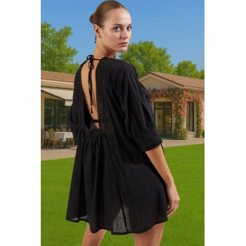 Yazlık Kadın Mini Elbise Pamuklu Dokuma Dantel Detaylı Şık Plaj Profesyonel Görünüm Şık Görünüm