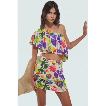 Yazlık Kadın Mini Plaj Takımı Tropikal Desenli Viskoz Pamuk Kumaş Profesyonel Görünüm
