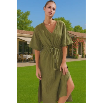 Yazlık Kadın Müslin Plaj Elbisesi V Yaka Reglan Kol Midi Boy Kaliteli İşçilik Profesyonel Görünüm