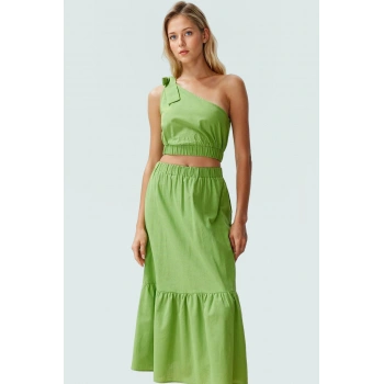 Yazlık Kadın Şık Tek Omuz Bluz Etek Takımı Pamuk Regular Kalıp Seçkin Malzeme Rahat Ve