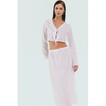 Yazlık Kadın Uzun Kollu Pamuklu Bluz Etek Takım Plaj Modası Profesyonel Görünüm Modern Stil