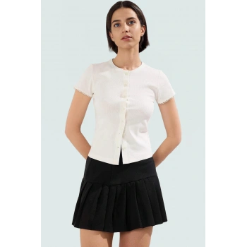 Yazlık Kaşkorse Örme Bluz Renk Fitted Kalıp Bisiklet Yaka Kısa Kol Yüksek Kalite