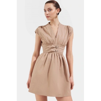 Yazlık Kemerli Mini Elbise Pamuklu Gabardin Kumaş A Kesim Günlük Şık Yüksek Kalite Görünüm