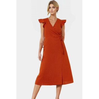 Yazlık Keten Görünümlü Midi Elbise Kruvaze V Yaka Kısa Kollu Tasarım Yüksek Kalite Dayanıklı Malzeme