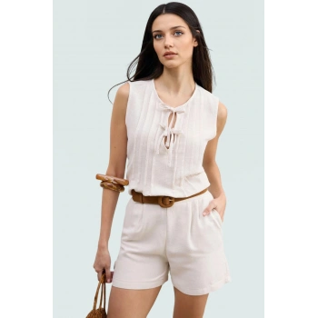 Yazlık Keten Karışımlı Bisiklet Yaka Bluz Rahat Günlük Stil Premium Kalite Profesyonel Görünüm