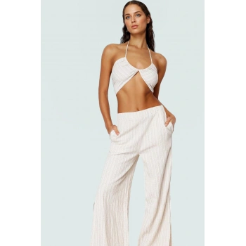 Yazlık Keten Karışımlı Bluz Pantolon Takım Plaj Şıklığı Seçkin Malzeme Günlük Kullanım İçin