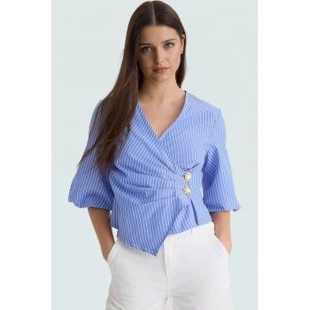 Yazlık Kısa Kol Çizgili Terrycotton Bluz V Yaka Casual Modern Stil Yüksek Kalite Uzun Ömürlü