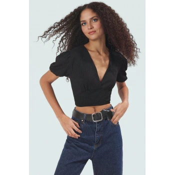 Yazlık Kısa Kol Crop Bluz Bürümcük Dokuma Polyester Örme Rahat Kullanım Günlük İçin