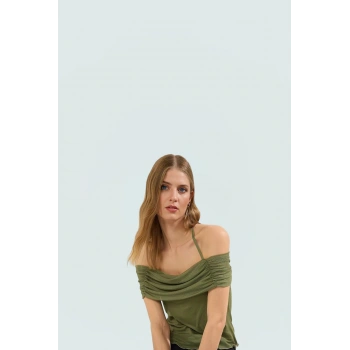 Yazlık Kısa Kollu Astarlı Örme Bluz Carmen Yaka ve Bağlama Detayı Mükemmel Uyum Özel Tasarım