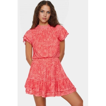 Yazlık Kısa Mini Elbise Çiçek Desenli Dik Yaka Astarlı Polyester Kumaş Kaliteli İşçilik