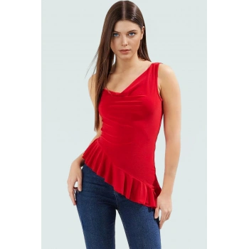 Yazlık Kolsuz Bluz Asimetrik Degaje Yaka Renk Esnek Örme Kumaş Trend Tasarım