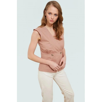Yazlık Kolsuz Bluz Pamuklu Keten Görünümlü V Yaka Düğmeli Rahat Kesim Özenle Seçilmiş