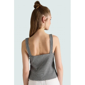 Yazlık Kolsuz Fitted Bluz Nefes Alan Jakar Örme Kumaş Kare Desen Yüksek Kalite