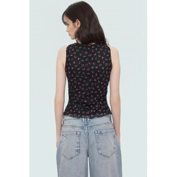 Yazlık Kolsuz Örme Bluz Kiraz Baskı V Yaka Fitted Kalıp Tül Kumaş Dayanıklı Malzeme