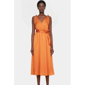 Yazlık Kolsuz Saten Abiye Elbise A Kesim Midi Boy Polyester Dokuma Özenle Seçilmiş Dayanıklı Malzeme