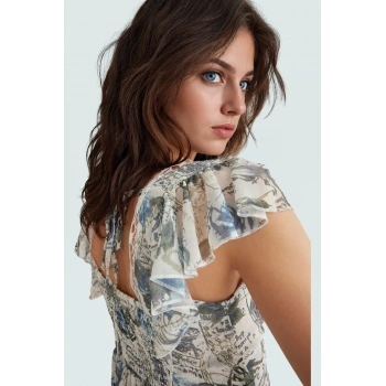 Yazlık Kolsuz Şifon Bluz V Yaka Çiçek Desenli Polyester Kumaş Premium Kalite Yüksek